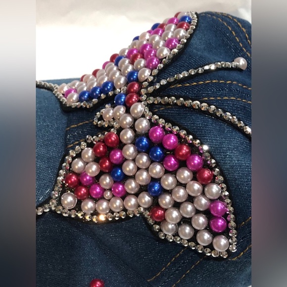 Denim red white pink pearl embellished rhinestone crystal butterfly baseball cap - Picture 14 of 14